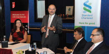 (from left) Sharon Ditchburn, managing partner Capital Advantage;Christos Papadopoulos, Standard Chartered regional chief executive forMiddle East, North Africa and Pakistan; Peter Beynon, regional director,ICAEW Middle East; and Hassam Amin Jarrar, Standard CharteredBahrain CEO.
